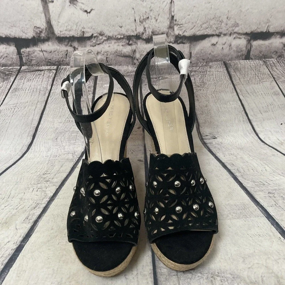 Marc Fisher Shoes Womens‎ Size 10 Black Hata Wedge Sandals Espadrille Studded